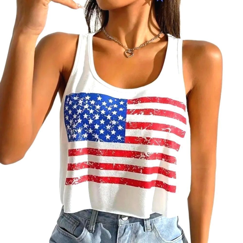 Ladies American Flag Print crop Patriotic Tank Top